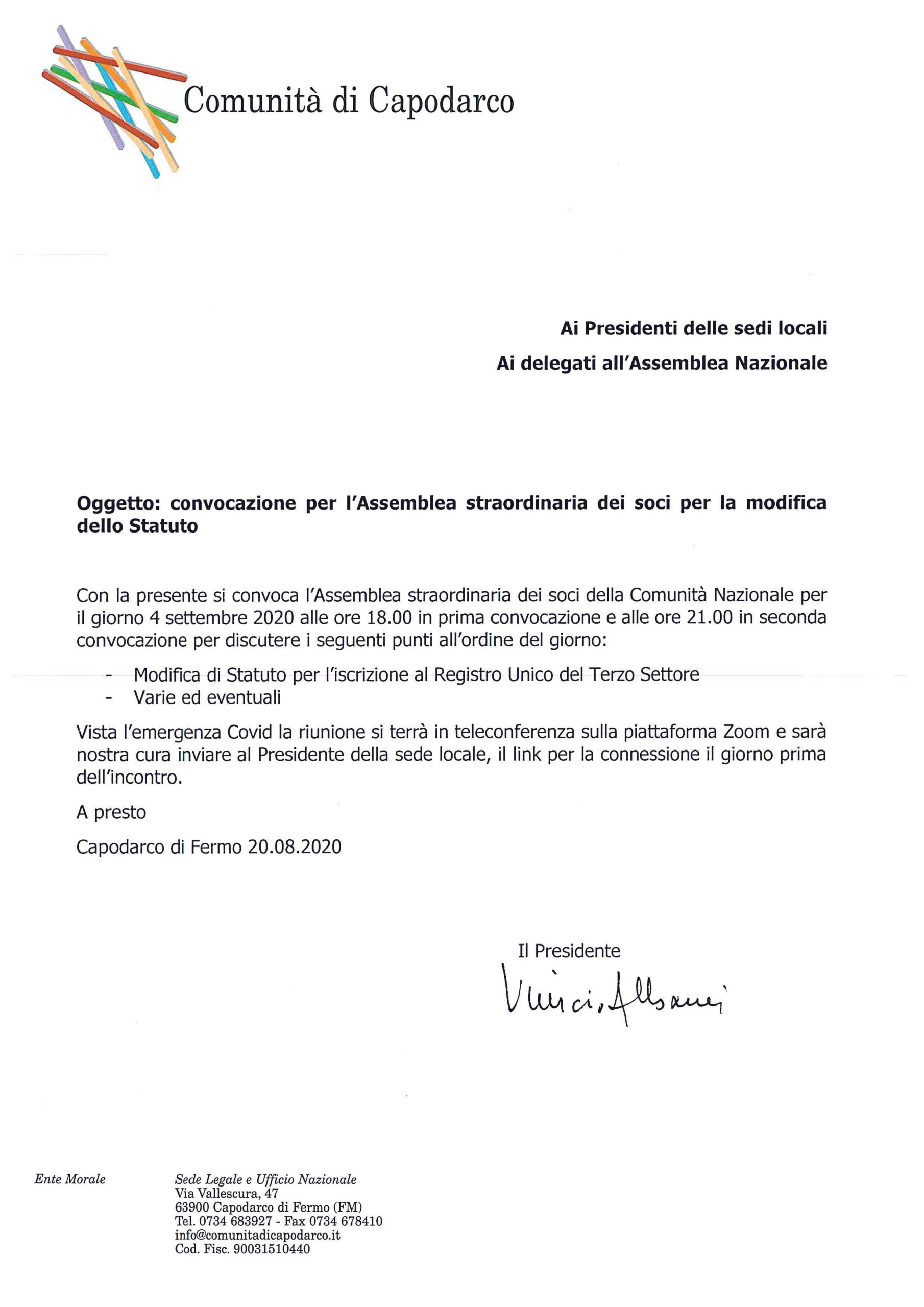 Convocazione per l’Assemblea straordinaria dei soci per la modifica dello Statuto 1 Convocazione Soci scaled