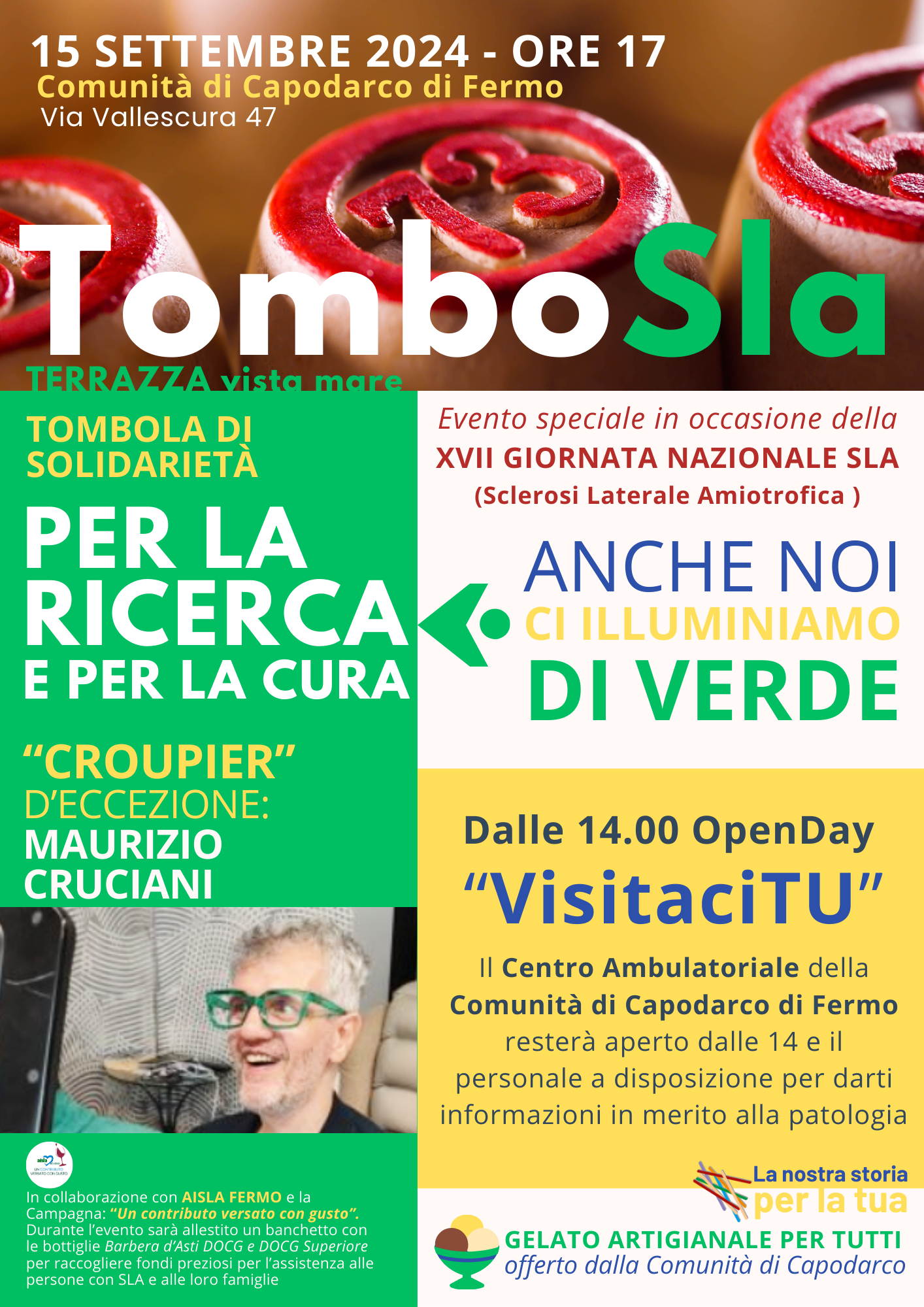 Giornata SLA: il 15 settembre la Comunità si illumina di verde e vi invita a giocare a “TomboSLA” con Maurizio Cruciani. Al via l’OpenDay VisitaciTU del Centro Ambulatoriale 3 Tombola SLA